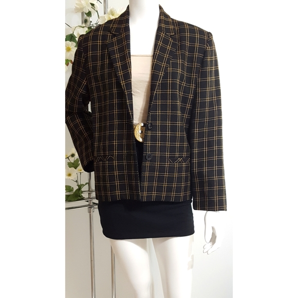 Vintage☆Paris Star☆ Brown Blazer Jacket⭐ Checkered | Buttons | Pockets - Picture 3 of 11